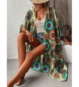 Kadın Kısa Kollu önü Açık Belden Kuşaklı Uzun Kimono