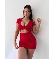 Kırmızı V Yaka Hollow Out Wrap Hip Kısa Kollu Mini Elbise