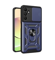Samsung Galaxy A15 Kılıf Yüzüklü Standli Sürgülü Kamera Korumalı Tank Sert Silikon Kapak (Mavi)