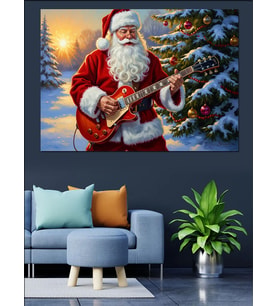 Gitar Çalan Modern Noel Baba Dekoratif Kanvas - Mdf Ahşap Tablo