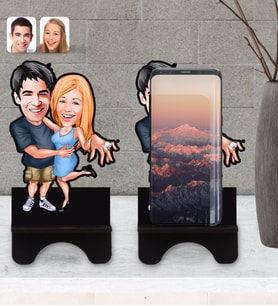 BK Gift Kişiye Özel Sevgililer Karikatürlü Ahşap Biblo Telefon Standı-14