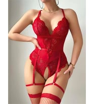 Amora Secret Şık Tasarım Kırmızı Özel Bölgesi Açık Dantel İşlemeli Jartiyerli Fantezi Body