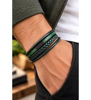 %100 Deri 4 LÜ Kombin Yeşil Erkek Bileklik Boyut NET 21 cm (Türk El Üretimi)