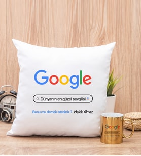 Kişiye Özel Google Tasarım Esprili Kare Yastık ve Gold Kupa