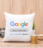 Kişiye Özel Google Tasarım Esprili Kare Yastık ve Gold Kupa