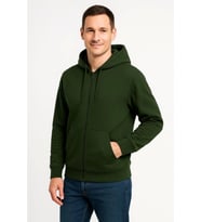 Erkek Üç İplik Kapüşonlu Tam Fermuarlı Kanguru Çepli SweatShirt Hoodie - Haki