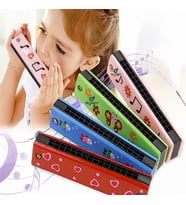 Ahşap 16 Delikli Çift Sıralı Renkli Desenli Çocuk Mızıkası (Karışık)