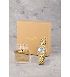 Polo Air Mercek Takvimli Lüx Taşlı Kadın Kol Saati 55 ml Parfüm Hediyelik Kutusunda Set Gold Renk ST-2195S1