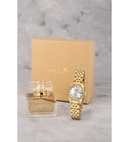 Polo Air Mercek Takvimli Lüx Taşlı Kadın Kol Saati 55 ml Parfüm Hediyelik Kutusunda Set Gold Renk ST-2195S1