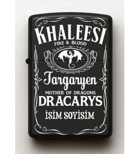 Khaleesi Targaryen Desenli Kişiye Özel İsimli Siyah Benzinli Metal Çakmak