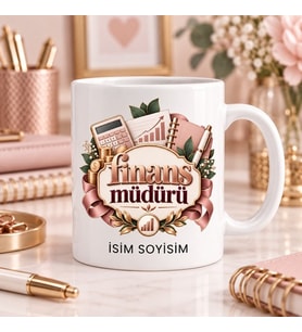 Finans Müdürü Kupa Bardak Pembe Kurdele ve Grafik Arma Desenli