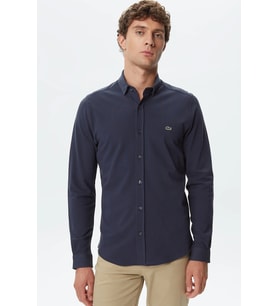 Lacoste Men's Slim Fit Button-Down Collar Linen Shirt Erkek Düğmeli Yaka Pamuklu Gömlek Lacivert
