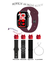 Xiaomi Redmi Note 9 Uyumlu Bordo Akıllı Saat Watch 10 Mini Kordon Hediyeli AMOLED EKRAN 41MM (Bordo-Siyah)