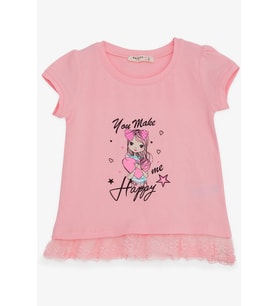 Breeze Kız Çocuk Tişört Sevimli Kız Baskılı Beli Güpürlü 1-4 Yaş, Pembe