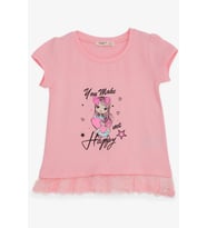 Breeze Kız Çocuk Tişört Sevimli Kız Baskılı Beli Güpürlü 1-4 Yaş, Pembe