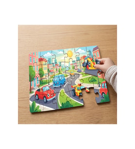 Şehirden Geçen Sevimli Arabalar Tasarımlı 24 Parça Ahşap Çocuk Puzzle