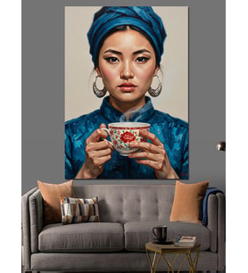 Mavi Türbanlı Uzakdoğulu Kadının Yeşil Çay Keyfi Dekoratif Kanvas - Mdf Ahşap Tablo