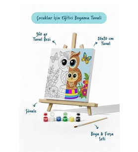 Sevimli Baykuş Temalı Çocuk Boyama Tuvali – Şövaleli Eğitici Boyama Seti 20x20 cm