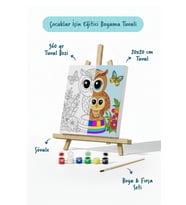 Sevimli Baykuş Temalı Çocuk Boyama Tuvali – Şövaleli Eğitici Boyama Seti 20x20 cm