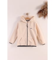 Monox Lastik Manşetli Fermuarlı Kapüşonlu Çocuk Unisex Polar Ceket (Bej)