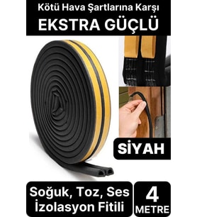 4 Metre Siyah Pvc Doğrama Kapı Pencere Soğuk Geçirmez Sızdırmaz İzolasyon Fitil Yapışkanlı 2x2=4 mt