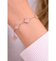 Gümüş Renk Yonca Desenli Pembe Taşlı Kadın Bileklik (Açık Pembe)