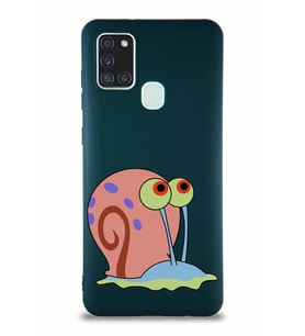 Samsung Galaxy A21S Soft Premier Kapak Salyangoz Gary Tasarımlı Silikon Kılıf - Yeşil (Şeffaf)