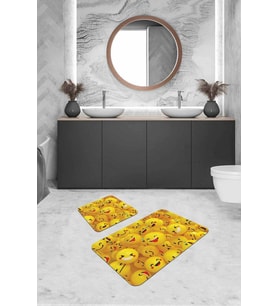 Sarı Smiley Banyo Halısı Klozet Takımı Paspas Seti BS296
