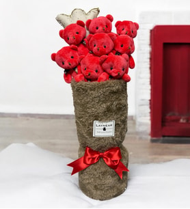 Kırmızı Peluş Ayıcıklar ile Mini Lale Yastık Peluş Vazo Tasarımlı Buket