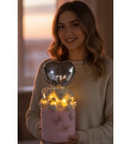 Büyük Kalp Balonlu LED Işıklı Pembe Peluş Ayıcık Buketi Romantik Özel Hediye Sevgililer Günü