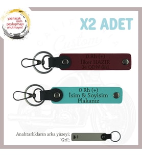 Motorcu Yolculara İsim Plaka ve 0 Rh (+) Kan Grubu Güvenli Sürüş Anahtarlığı x2, K Turkuaz-Bordo-Gr (Çok Renkli)