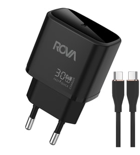 Rova SB124T 30W Type-C Hızlı Şarj Adaptörü + Type-C to Type-C Kablo Seti – Güvenlik Sertifikalı, Siyah