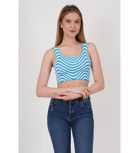 23256429 Triko Zebra Desenli Kare Yaka Crop Atlet MAVI (Mavi)