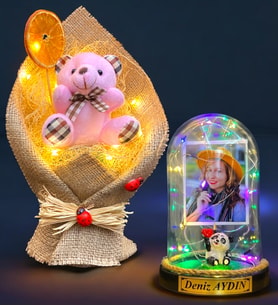 Size Özel Renkli Led Işıklı Fanus ve Led Işıklı Pembe Ayıcık Buketi Hediye Seti (Model 3)