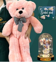 Kişiye Özel 3 Fotoğraflı, İsimli Led Işıklı Fanus ve Büyük Boy Pembe Peluş Ayıcık (Model 2)