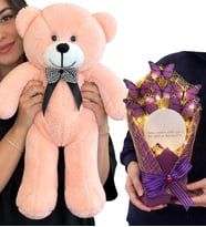 Büyük Boy Pembe Peluş Ayıcık ve LED Işıklı Aynalı Mor Kelebek Buketi Hediye Seti