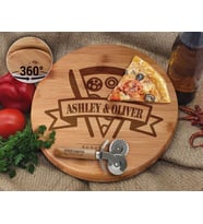 BK Gift Kişiye Özel İsimli Tarihli Bambu Ahşap Döner Tablalı Pizza Tahtası-3, Pizza Kesme Tahtası Seti, Şarküteri Tahtası, Servis Tepsisi, Ahşap Tabak, Eve Taşınma Hediyesi