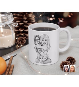 BK Gift Kişiye Özel Karakalem Kız Kardeşler Karikatürlü Beyaz Kupa Bardak-10