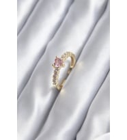 Gold Renk Zirkon Taşlı Pembe Kristal Kalp Model Kadın Yüzük