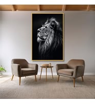 Metal Çerçeveli Temperli Cam Tablo Yan Açıdan Aslan Siyah Beyaz (Gold)