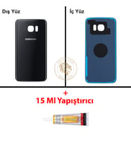Samsung Galaxy S7 Edge Siyah İnci Renk Arka Kapak + B7000 Yapıştırıcı Arka Cam Batarya Kapağı Pil Kapağı Lazer Kesim Back Cover Galaxy S7 Edge Uyumlu