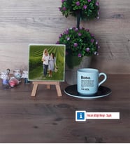 Baba Fotoğraflı Dekoratif Taş, Ahşap Altlıklı Türk Kahvesi Fincanı Hediye (Model 7)