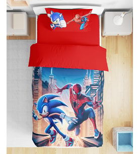 Spiderman Sonic 3D Dijital Baskılı Tek Kişilik Erkek Çocuk Nevresim Takımı (Kırmızı-Mavi)