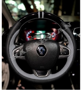 Renault Clio 4 Dikme Direksiyon Kılıfı Parlak Siyah Gri Detaylı Gri Çift Yüzük ve Dikiş 2012-2019