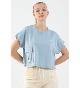 Maraton Comfort Kadın Bisiklet Yaka  Sisli Mavi Crop Top