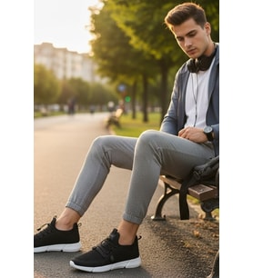 Enoch Erkek Spor Ayakkabı Büzgülü Bağcık Sistemli Sneaker Pratik Giyim Siyah Yürüyüş Modeli