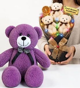 Kişiye Özel Renkli LED Işıklı Peluş Ayıcık Buketi ve 50 cm Büyük Boy Mor Peluş Ayıcık Seti