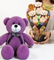 Kişiye Özel Renkli LED Işıklı Peluş Ayıcık Buketi ve 50 cm Büyük Boy Mor Peluş Ayıcık Seti
