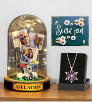 İsimli 3 Fotoğraflı Işıklı Fanus ve Gerçek Ametist Taşlı Lotus Kolye (Model 4)