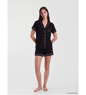 LCW DREAM Siyah Gömlek Yaka Kadın Şortlu Pijama Takımı